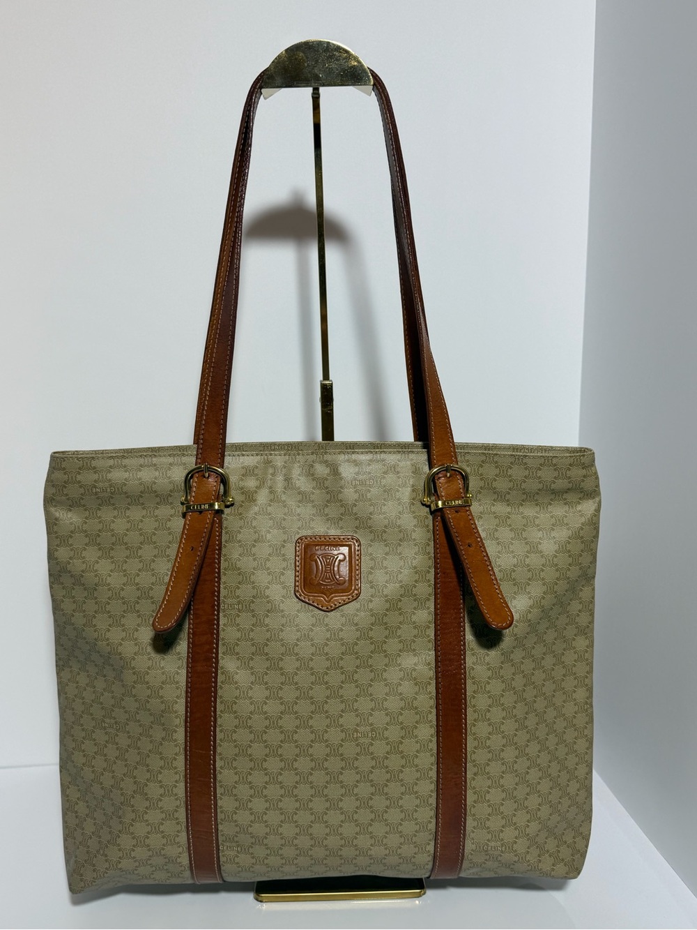 Celine Beige Canvas Tote with Brown Leather Trim